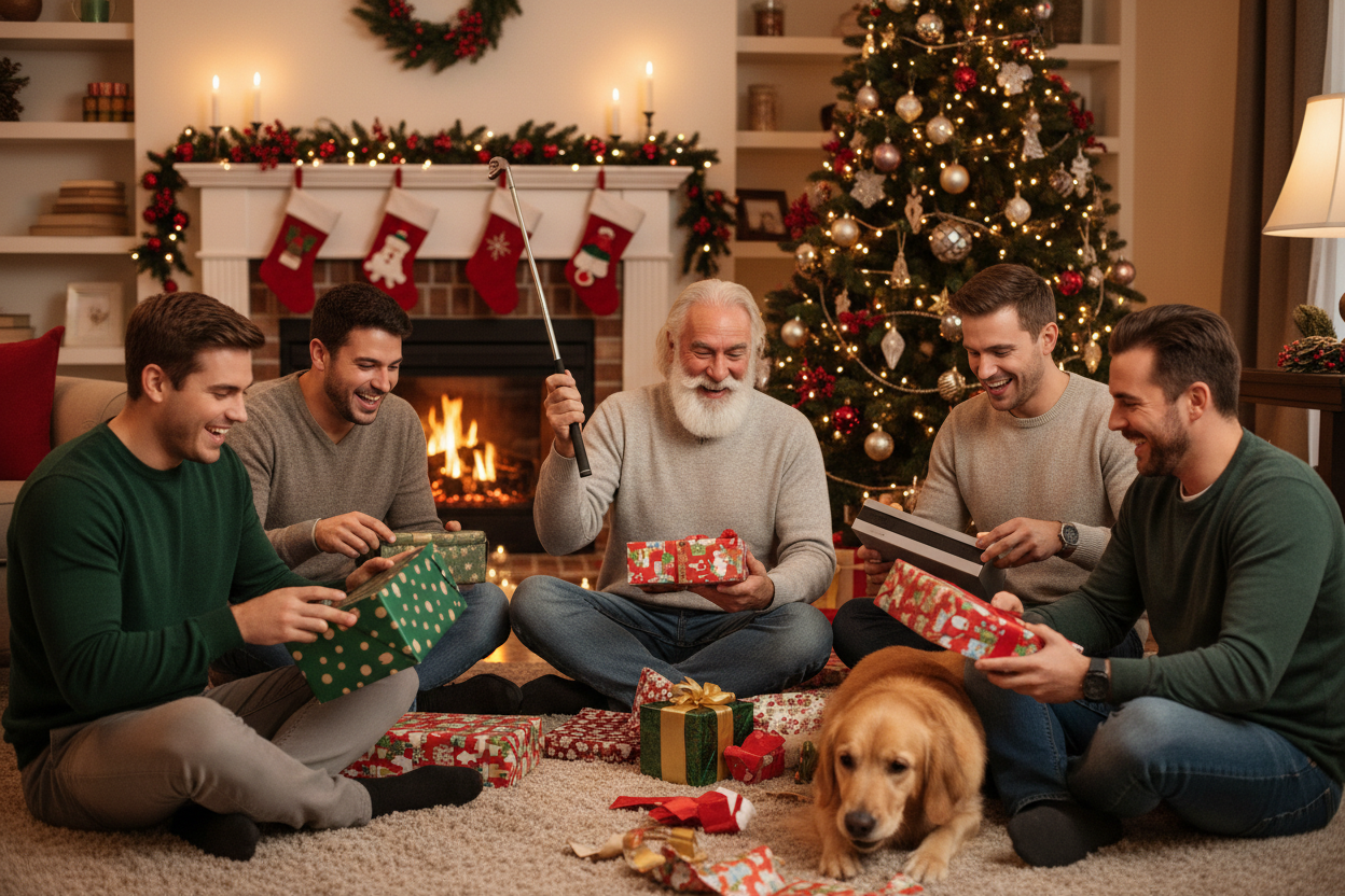 men opening christmas presents